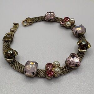 Vintage Betsey Johnson Gold Mesh Pink Crystal Heart Bracelet